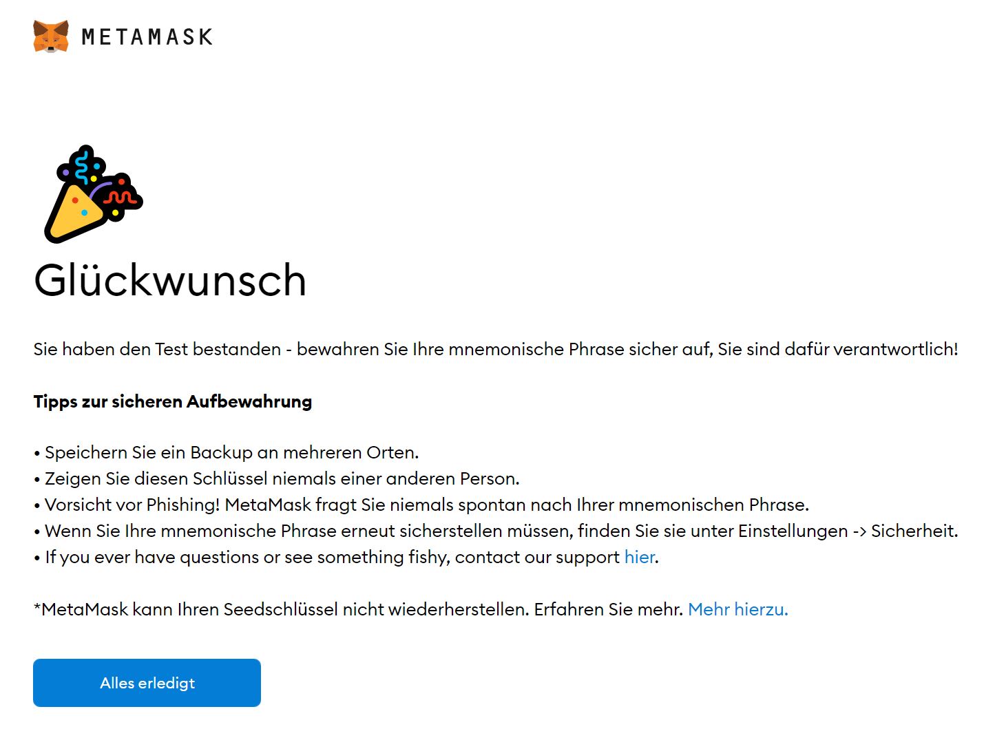 MetaMask Glückwunsch Abschnitt